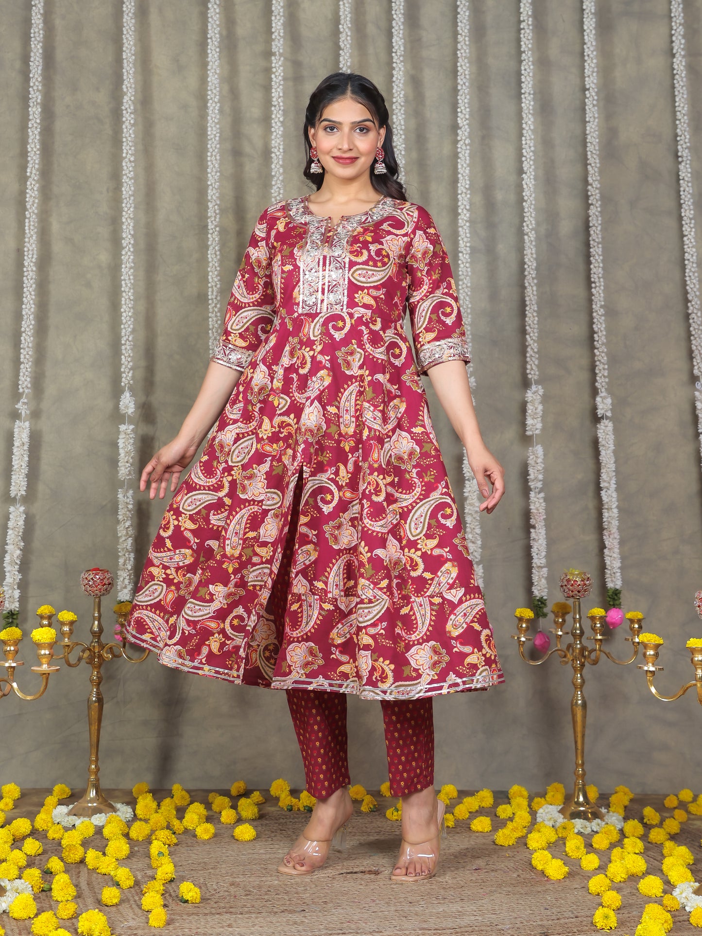 Embroidered Soft Cotton Paisley Anarkali Purple Kurta