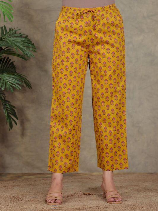 Soft Cotton Floral Yellow Straight Trousers