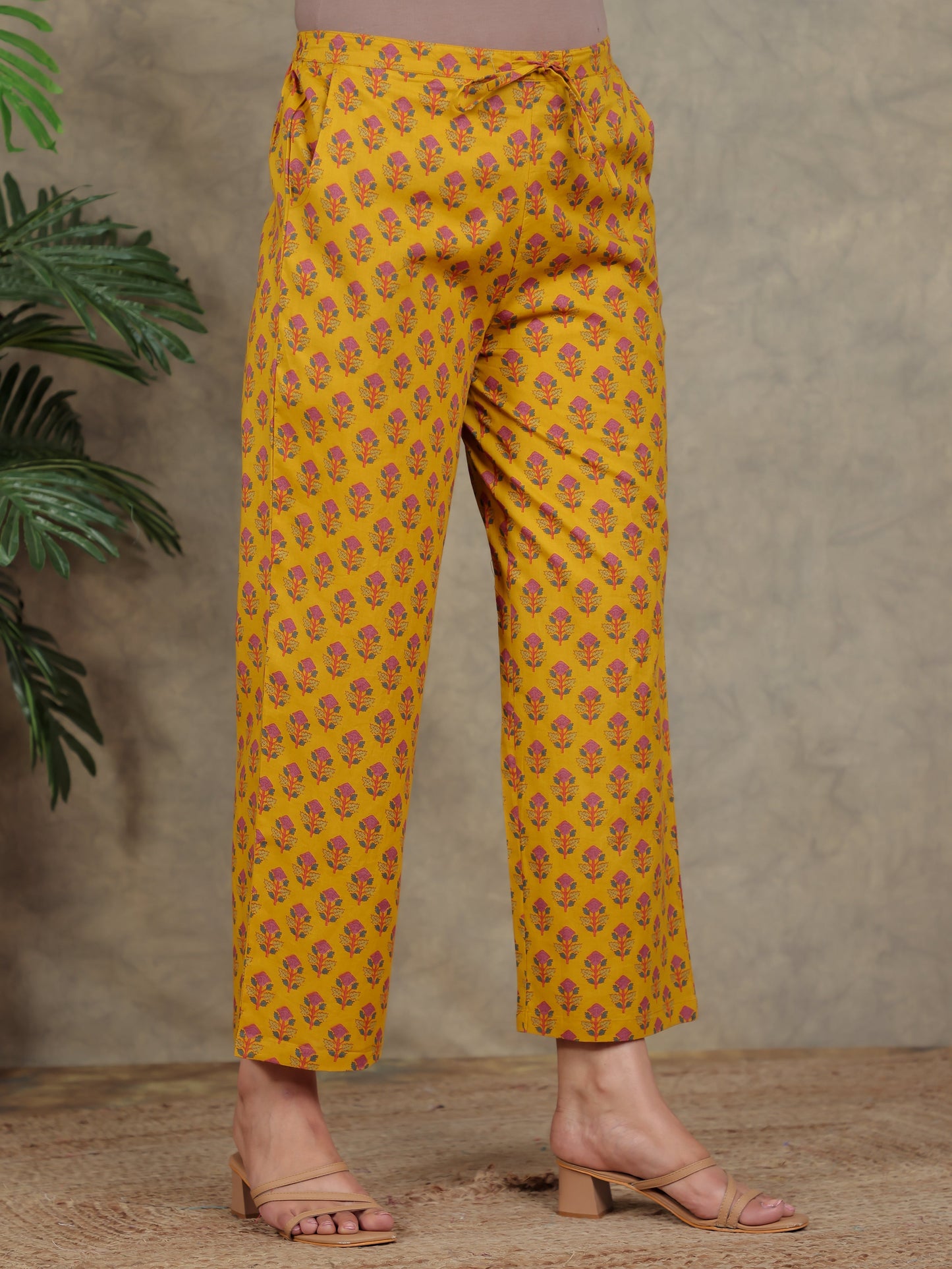 Soft Cotton Floral Yellow Straight Trousers