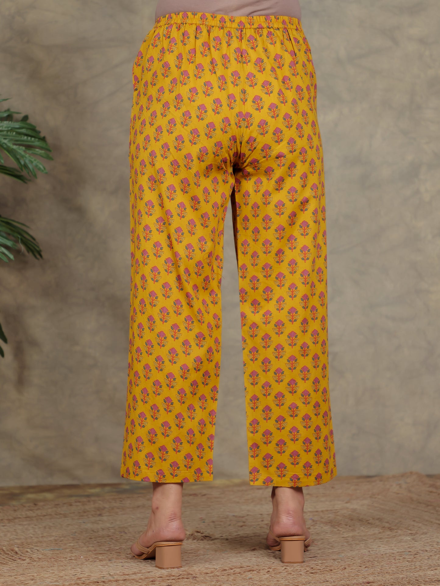 Soft Cotton Floral Yellow Straight Trousers