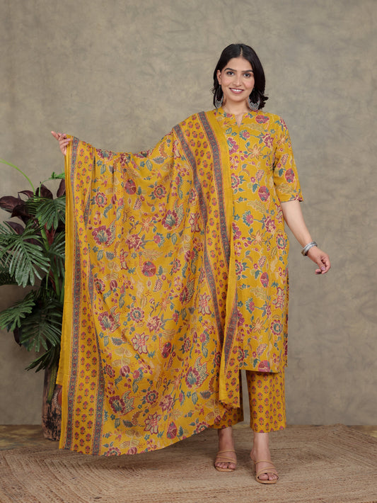 Cotton Voile Floral Yellow Dupatta