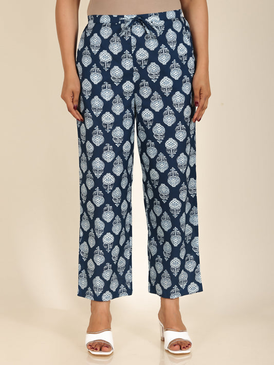Soft Cotton Floral Blue Straight Trousers