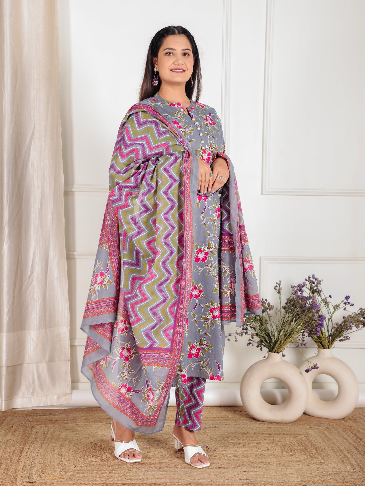 Cotton Voile Striped Grey Dupatta