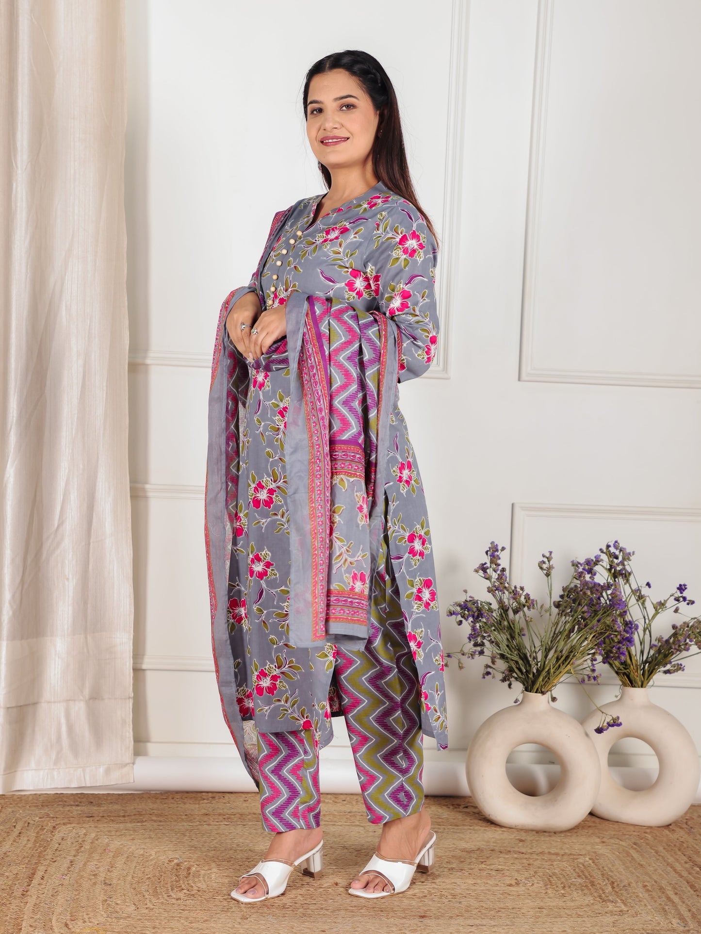 Cotton Voile Striped Grey Dupatta