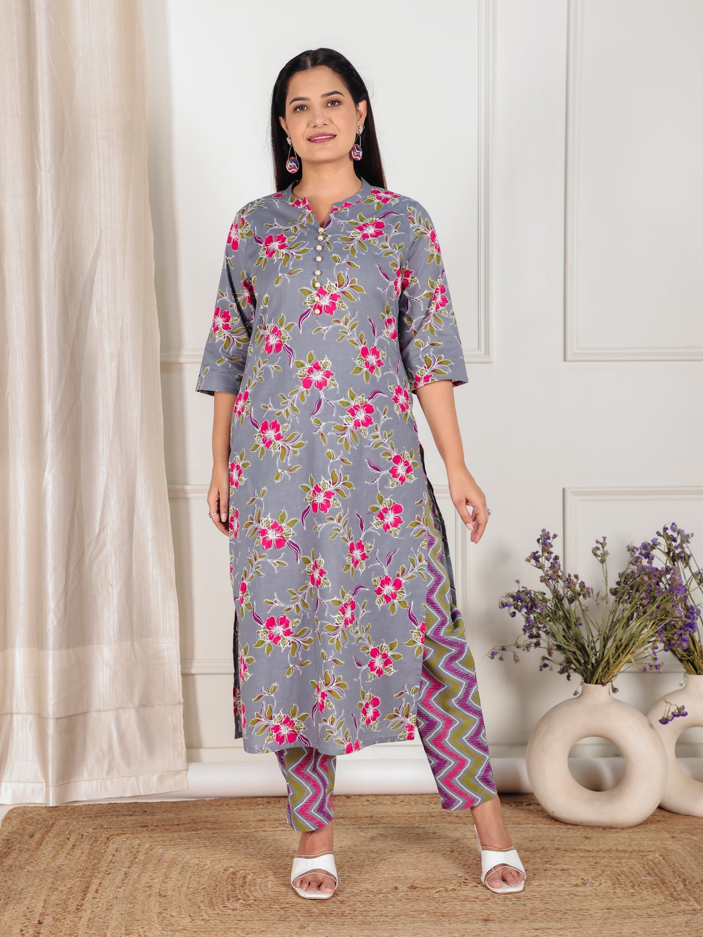 Soft Cotton Floral Straight Grey Kurta