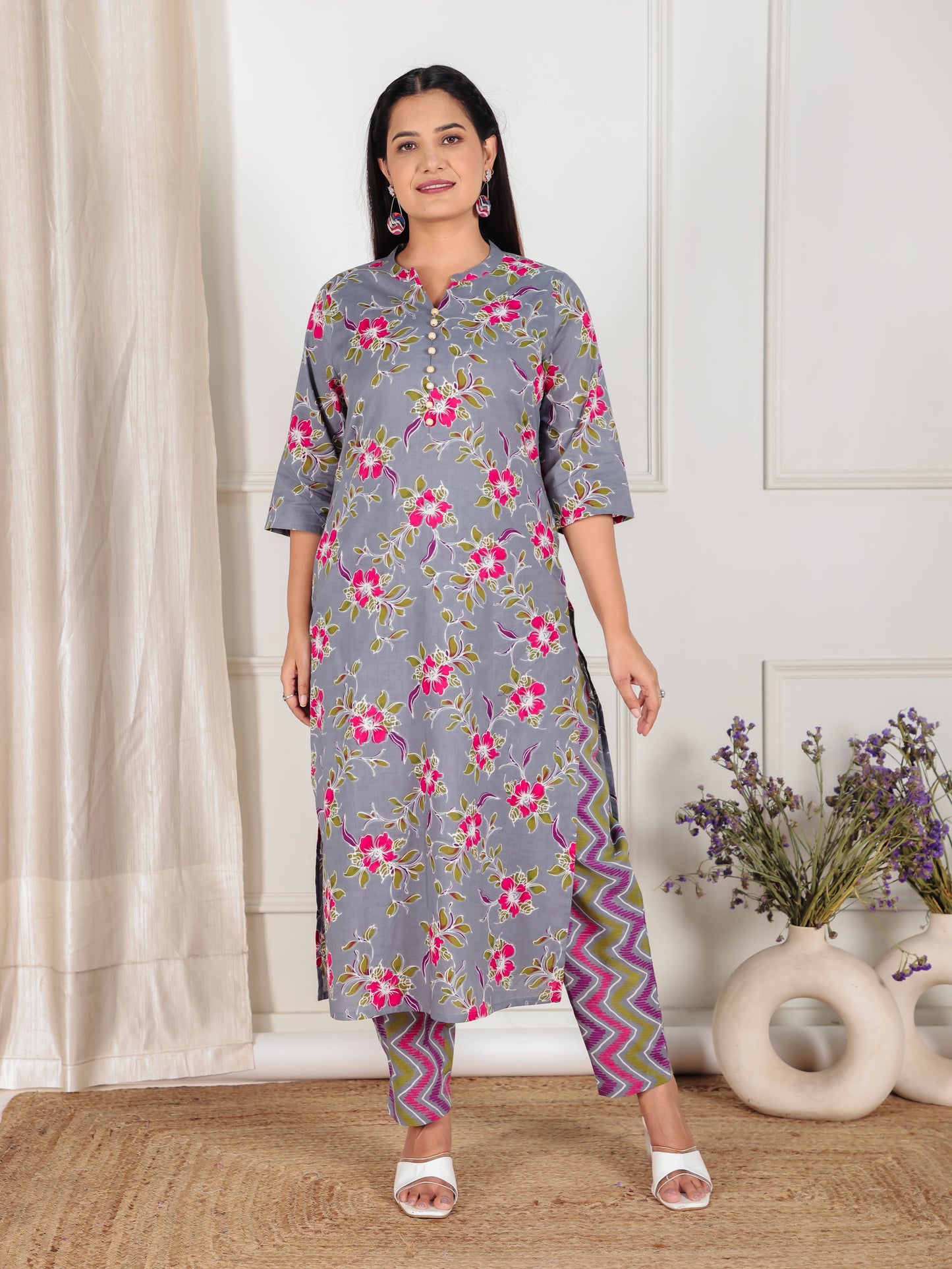 Soft Cotton Floral Straight Grey Kurta