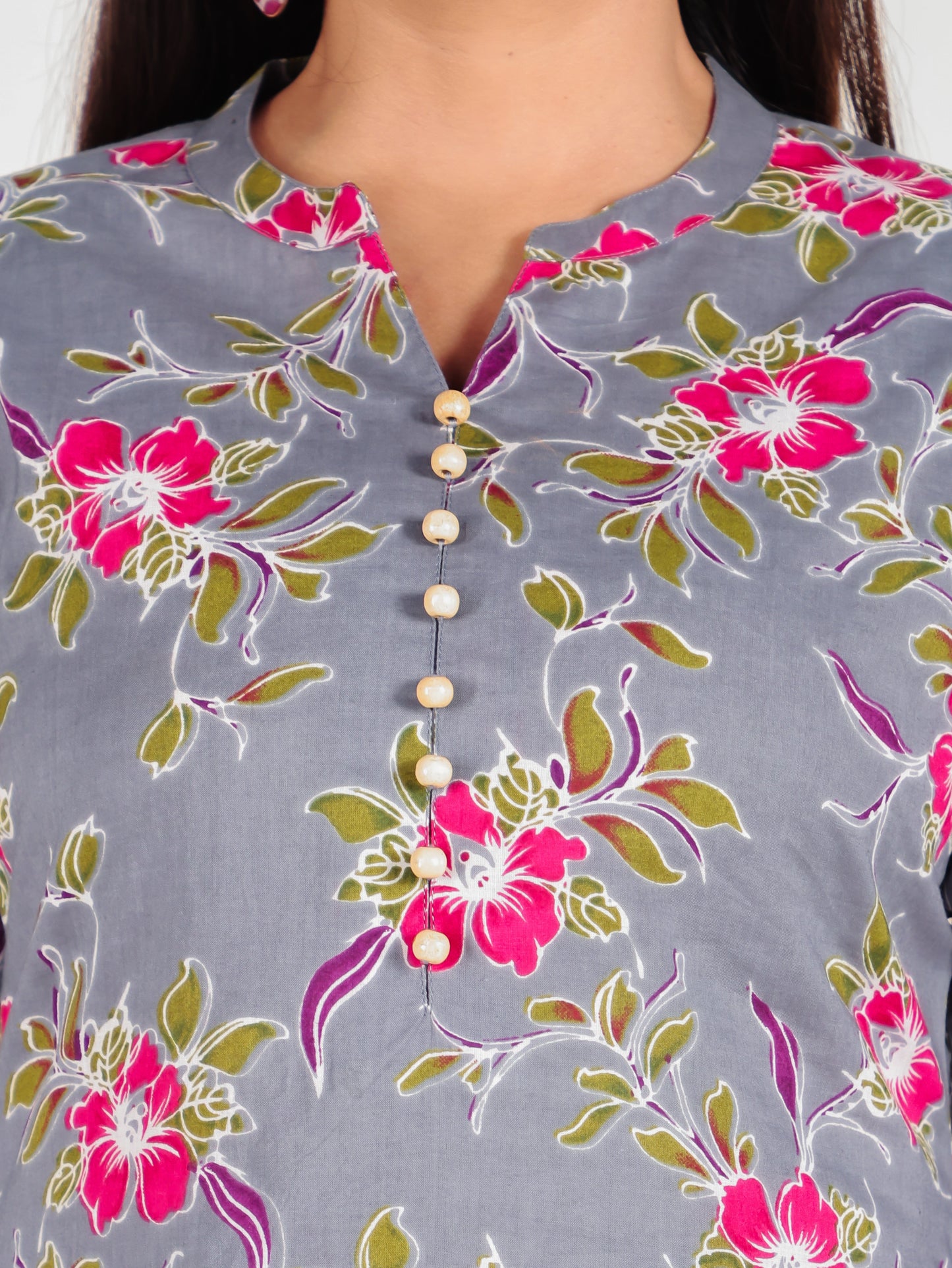 Soft Cotton Floral Straight Grey Kurta