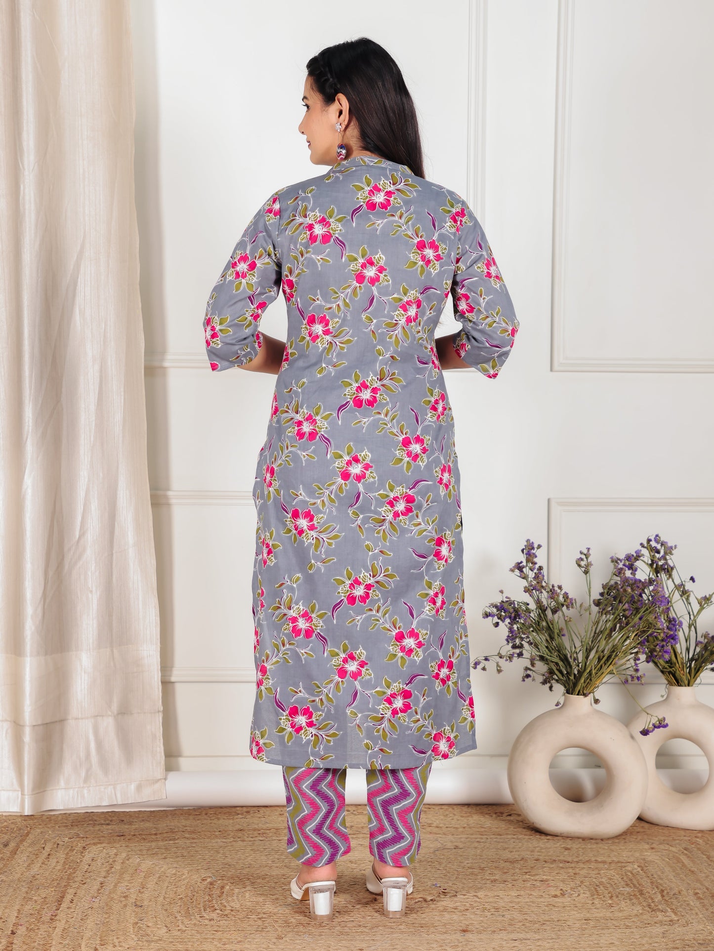 Soft Cotton Floral Straight Grey Kurta