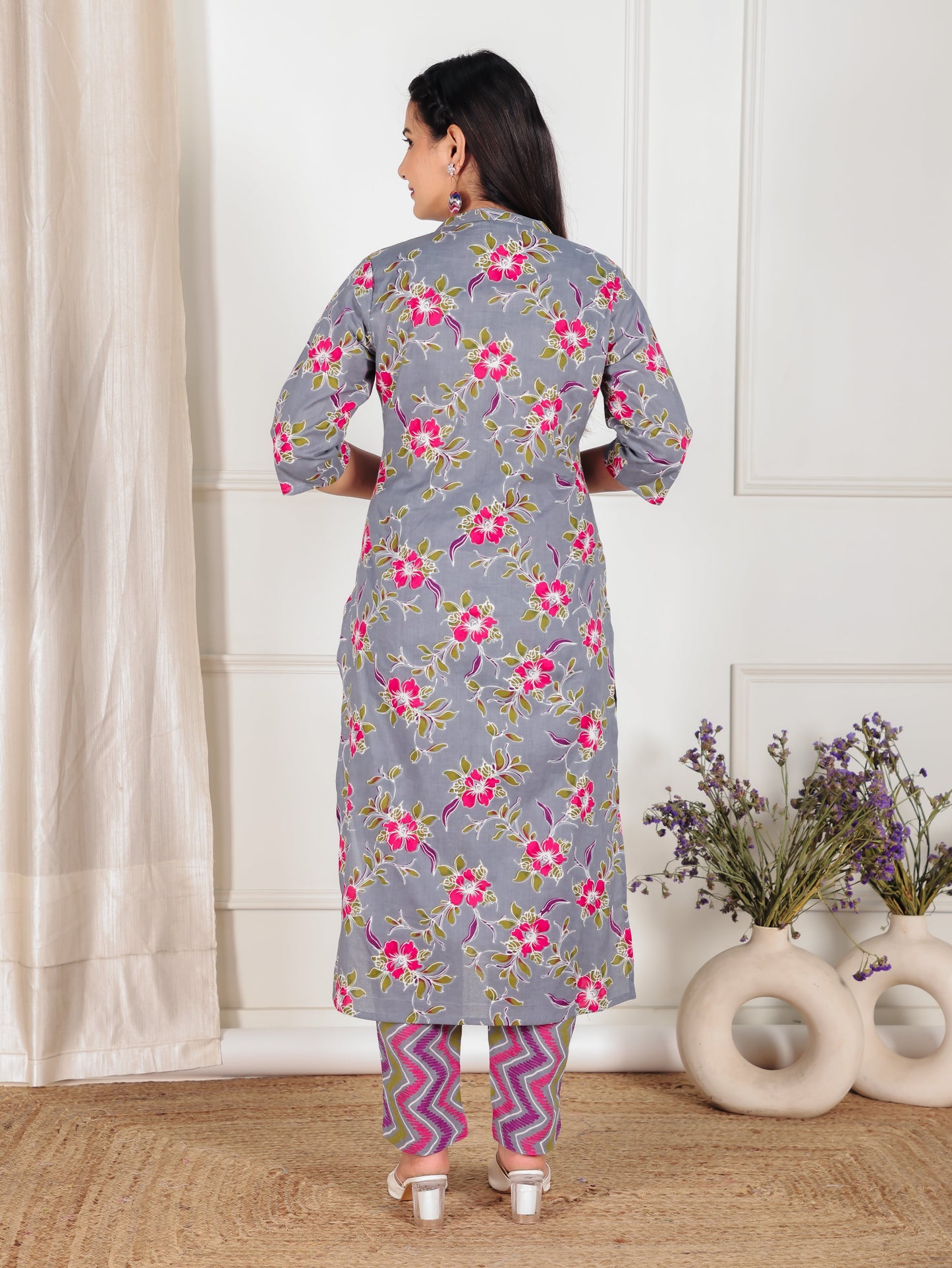 Soft Cotton Floral Straight Grey Kurta