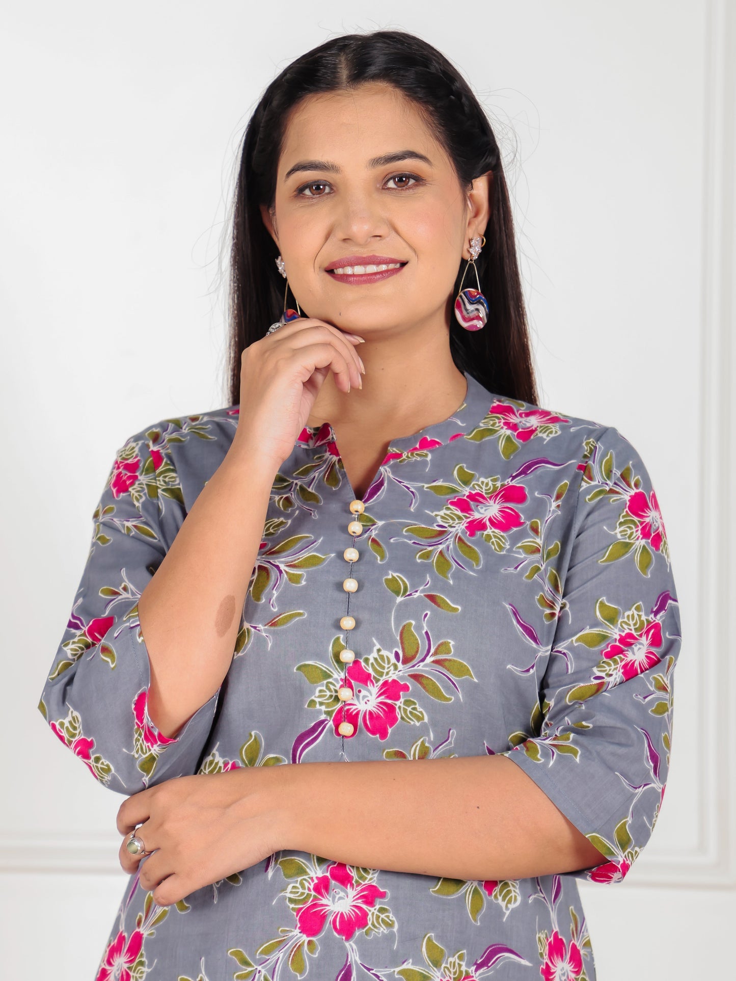 Soft Cotton Floral Straight Grey Kurta