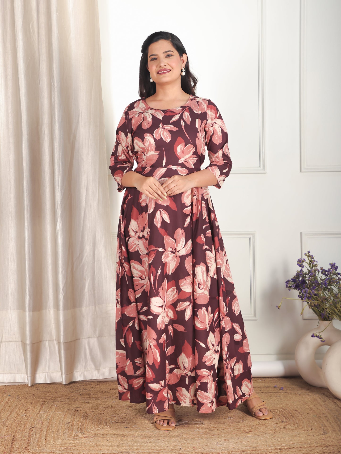 Soft Cotton Floral Anarkali Brown Dress