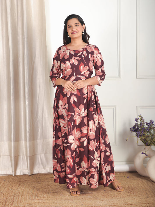 Soft Cotton Floral Anarkali Brown Dress