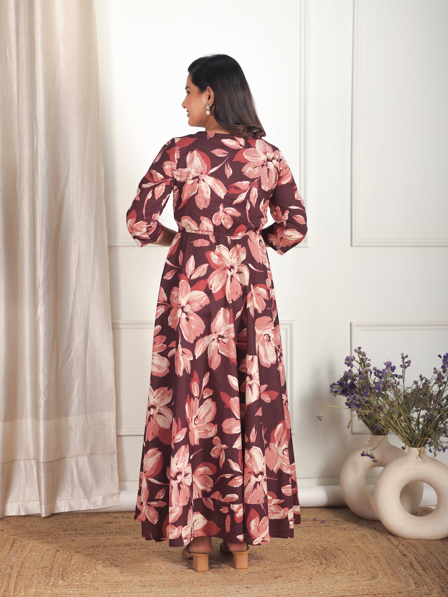 Soft Cotton Floral Anarkali Brown Dress