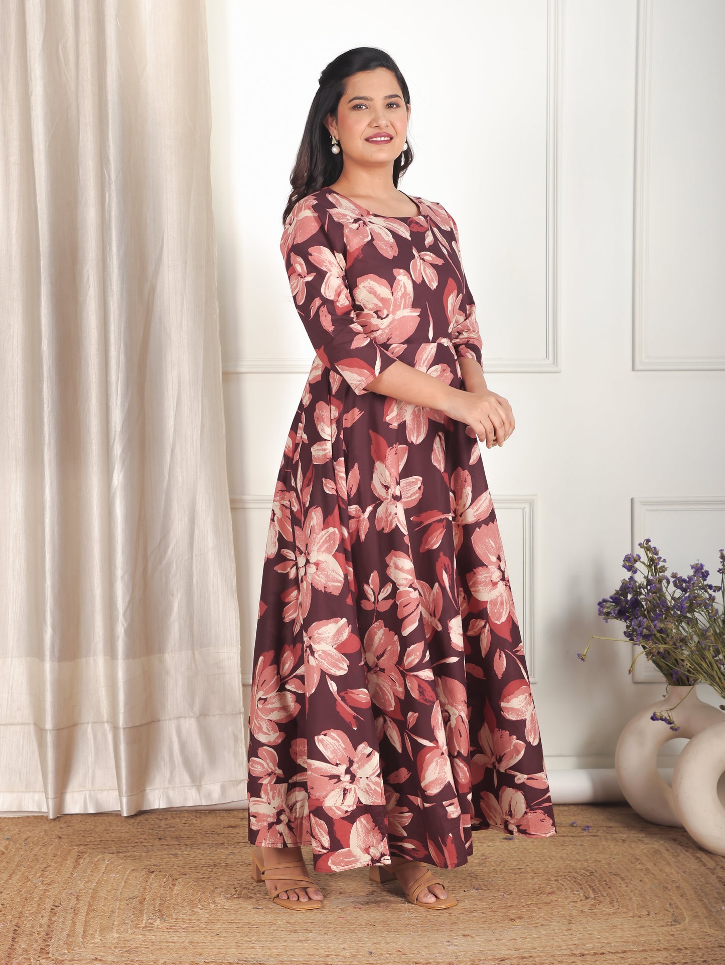 Soft Cotton Floral Anarkali Brown Dress