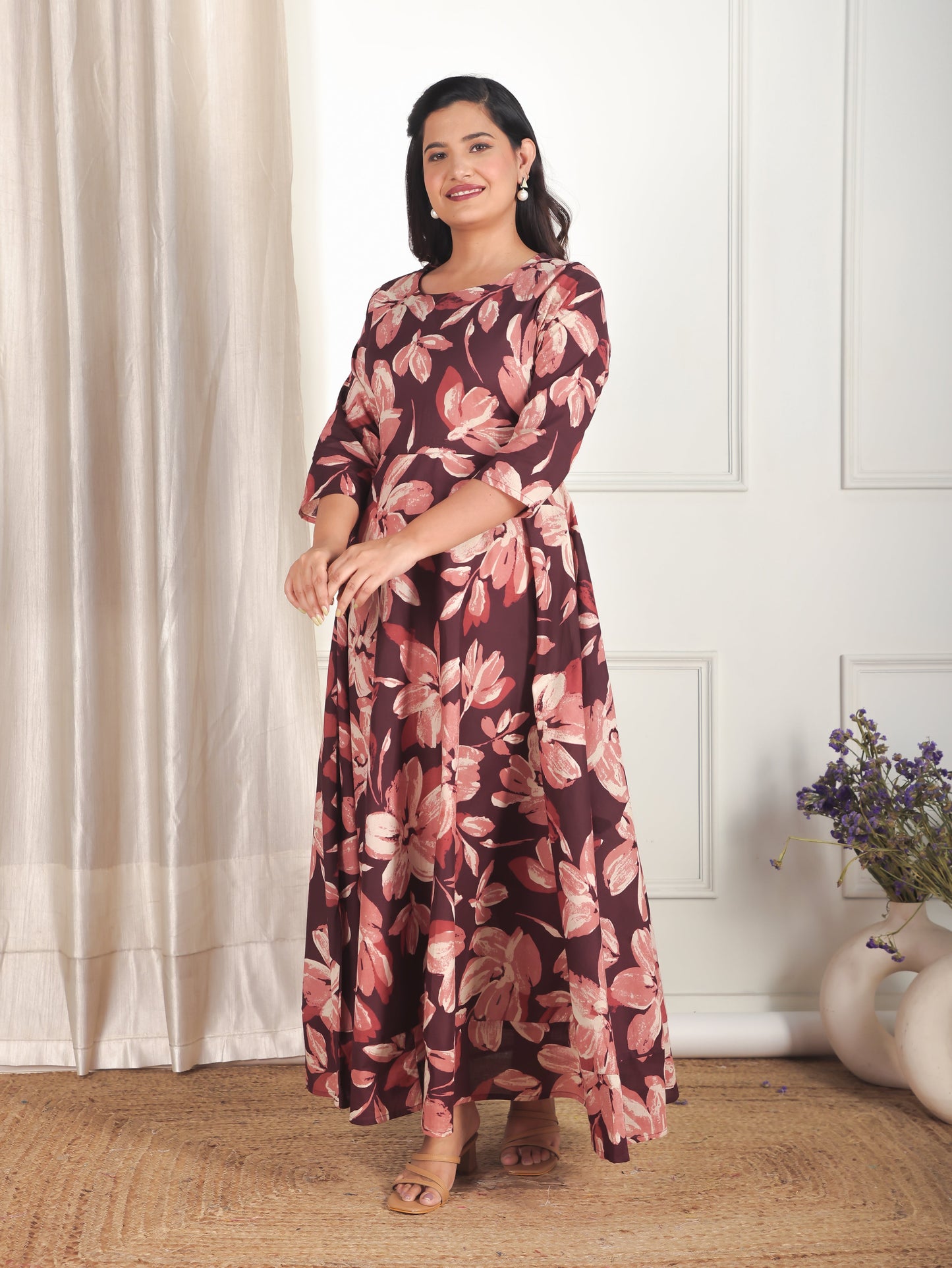 Soft Cotton Floral Anarkali Brown Dress