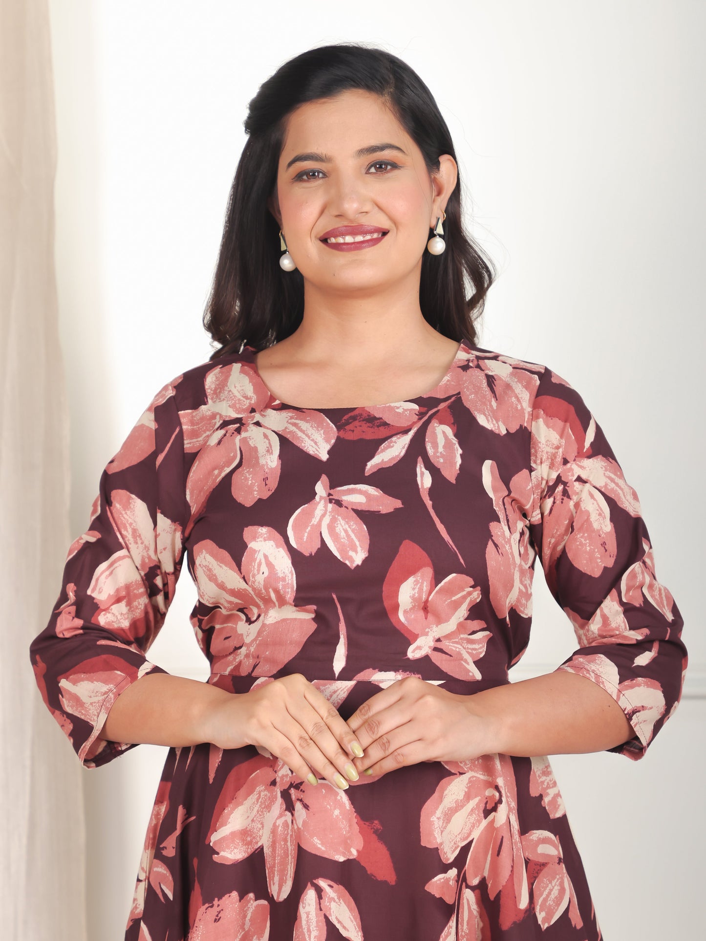 Soft Cotton Floral Anarkali Brown Dress