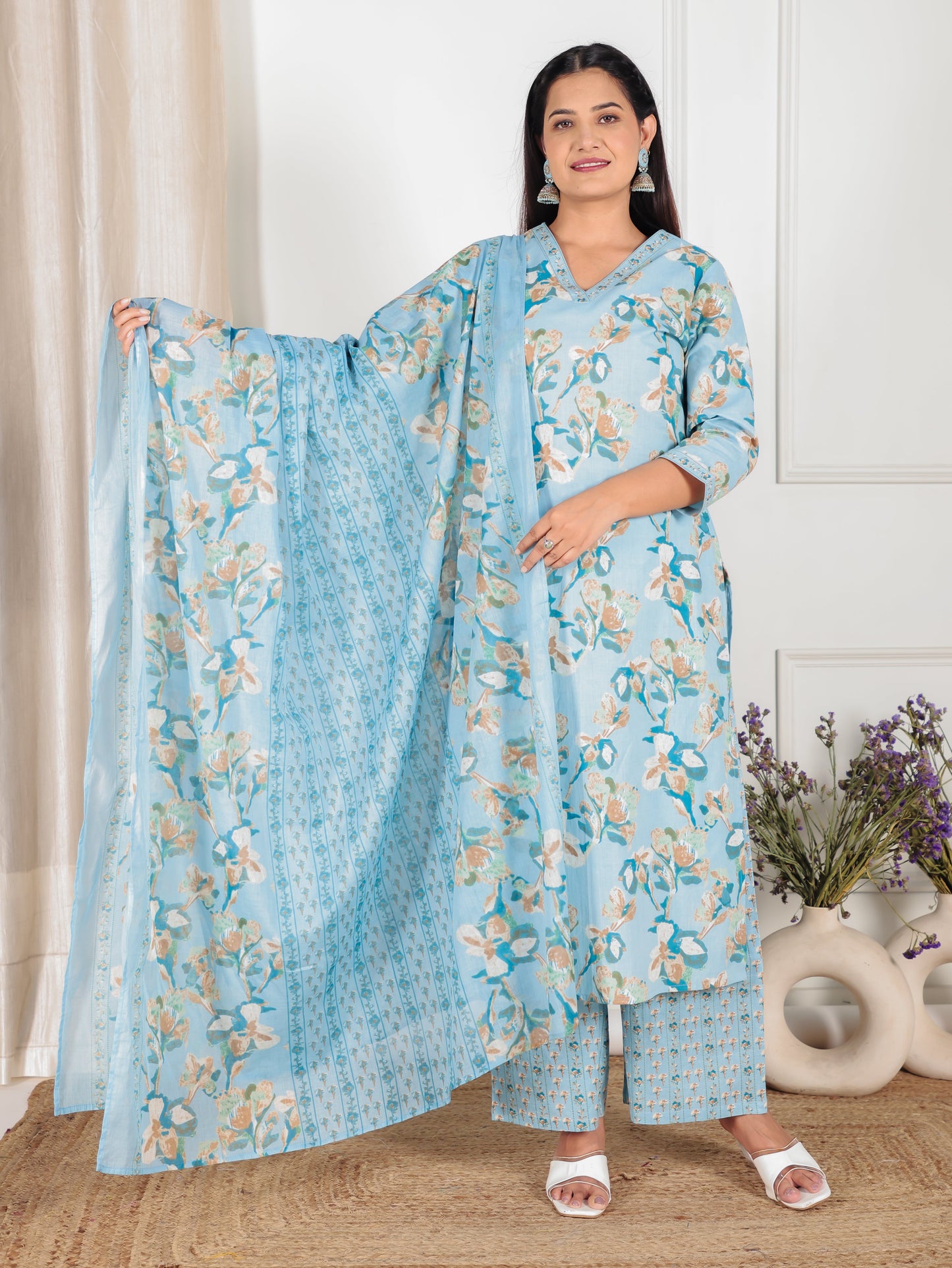 Cotton Voile Floral Blue Dupatta