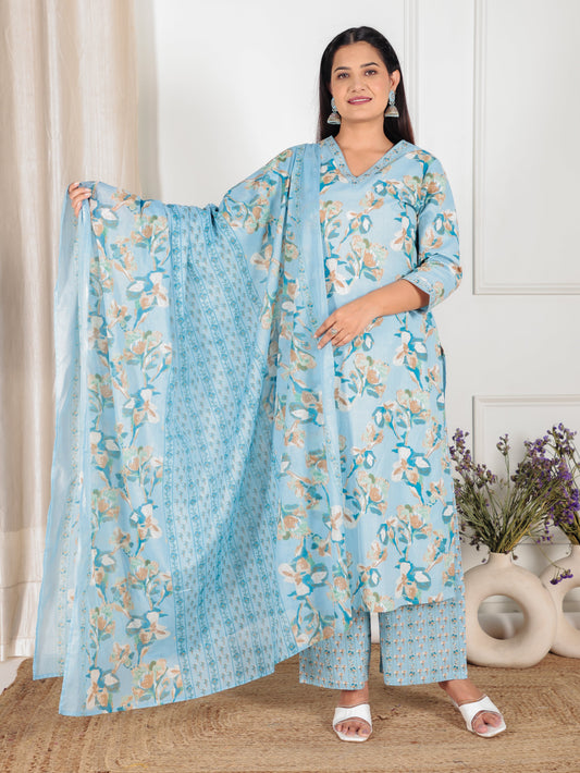 Cotton Voile Floral Blue Dupatta