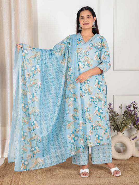 Cotton Voile Floral Blue Dupatta