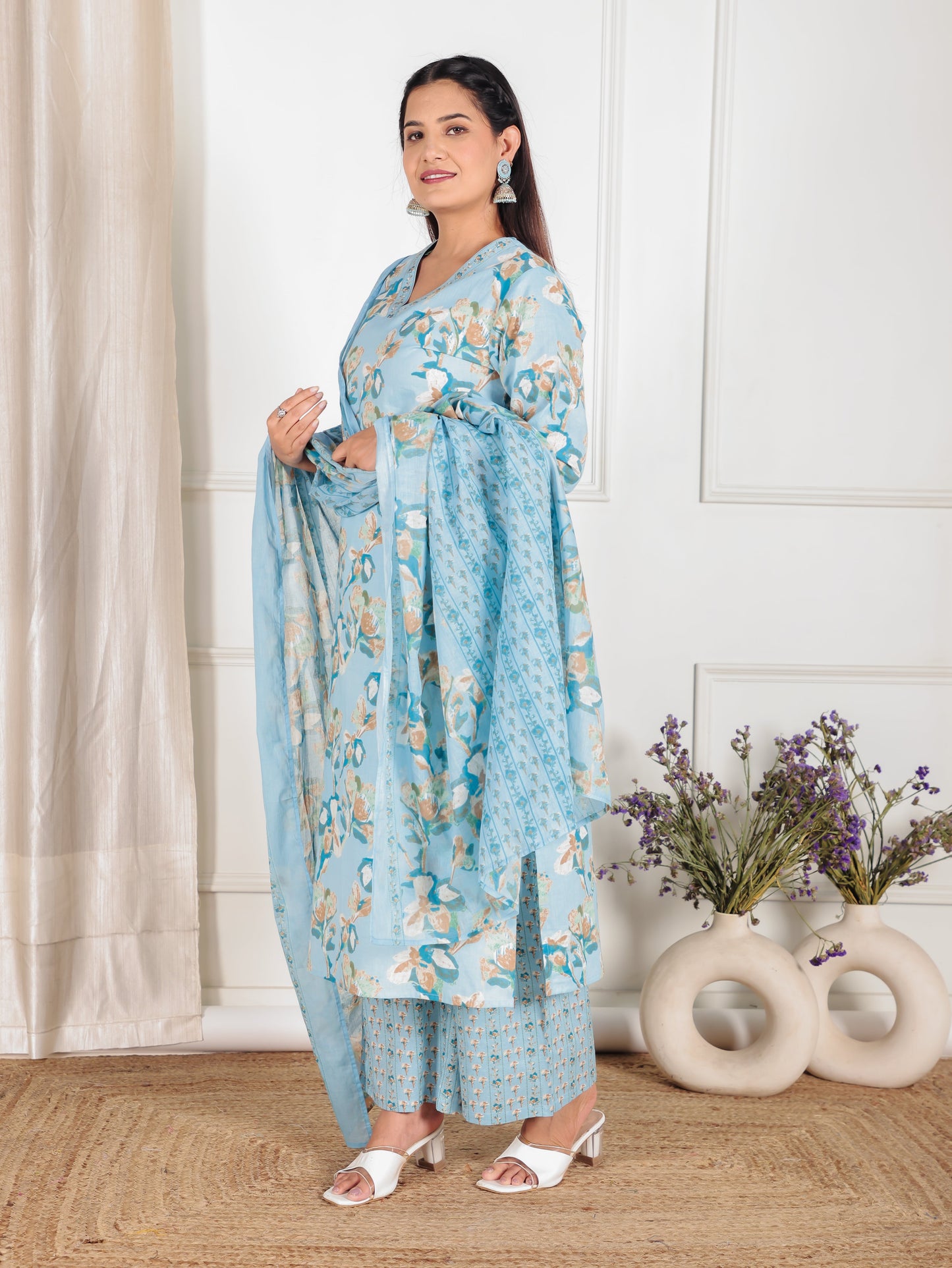 Cotton Voile Floral Blue Dupatta