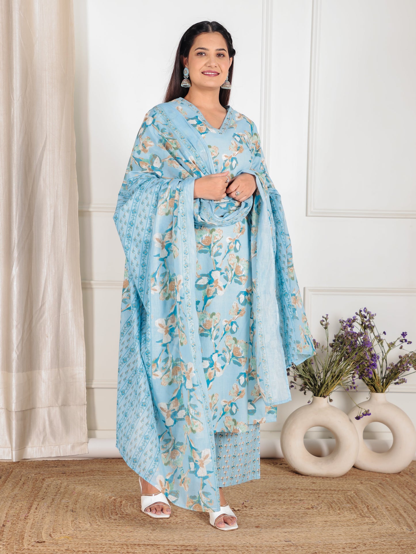Cotton Voile Floral Blue Dupatta