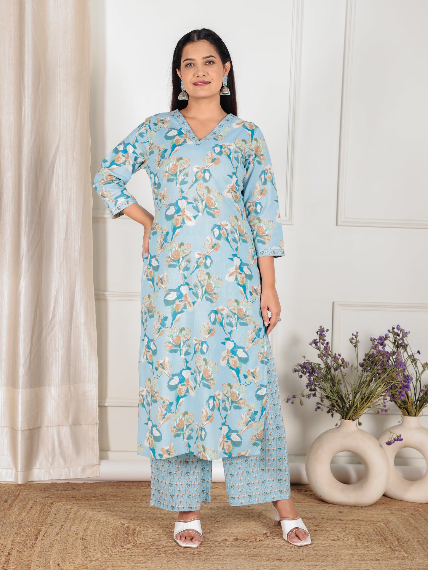 Soft Cotton Floral Straight Blue Kurta