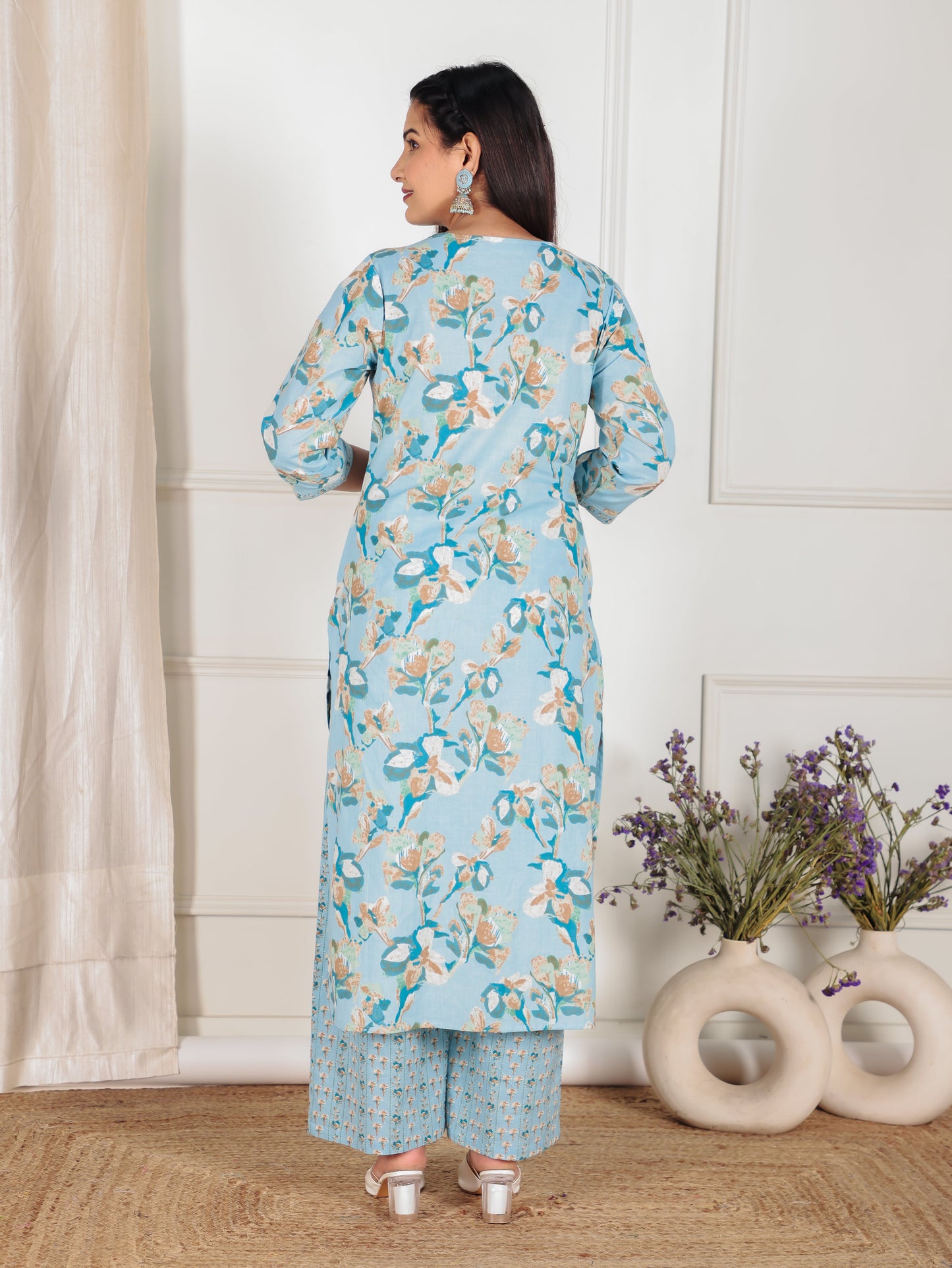 Soft Cotton Floral Straight Blue Kurta