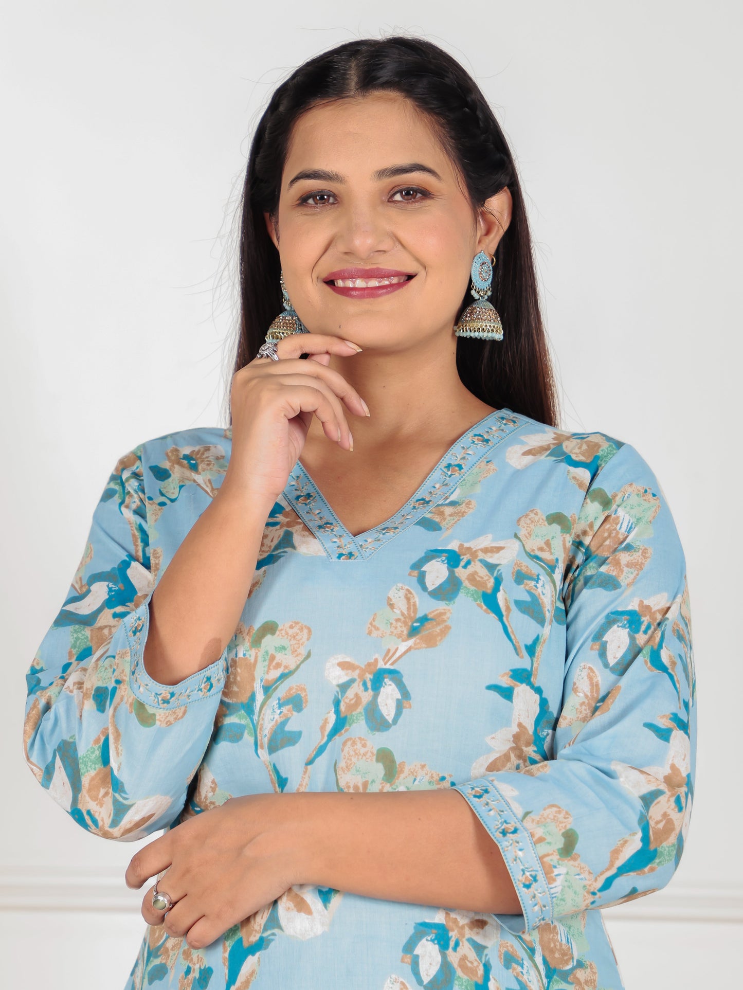 Soft Cotton Floral Straight Blue Kurta