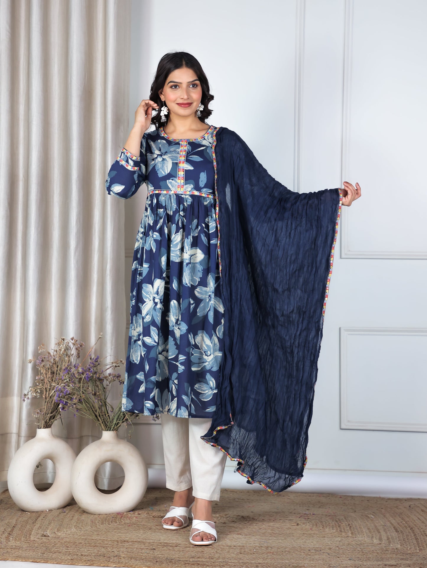 Embroidered Cotton Voile Solid Blue Dupatta