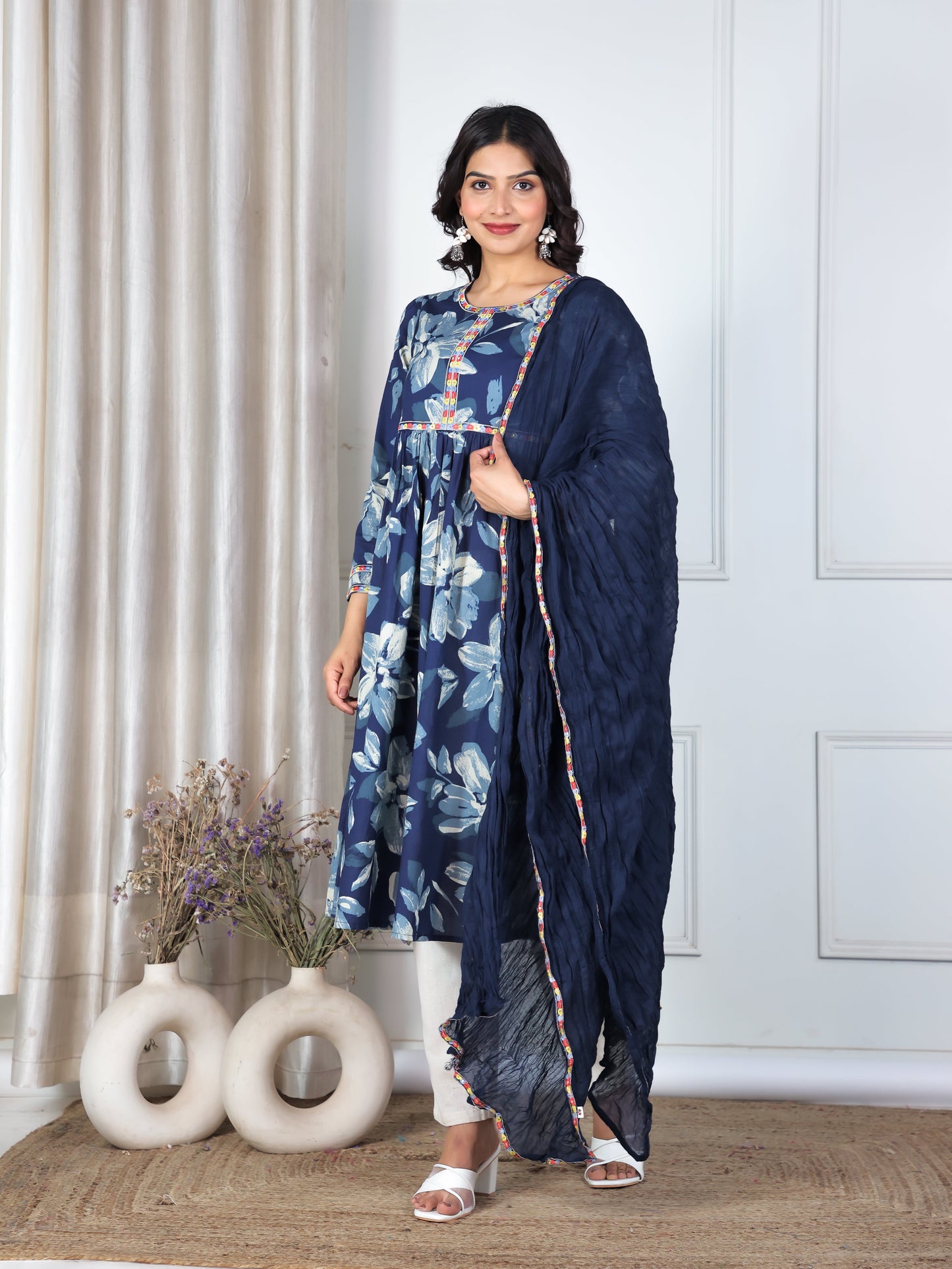 Embroidered Cotton Voile Solid Blue Dupatta
