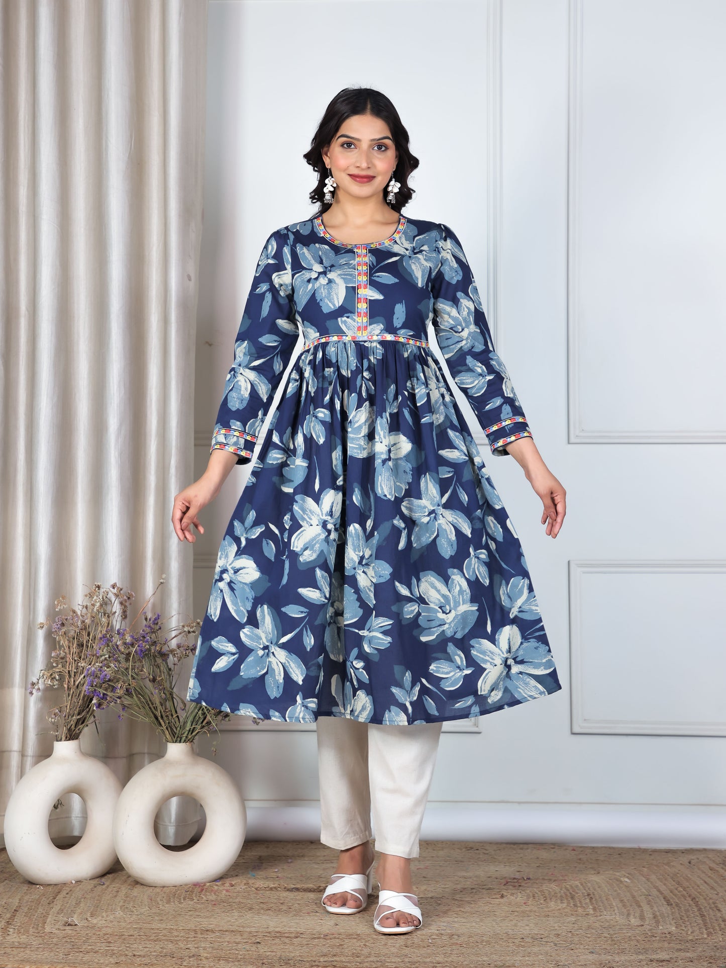 Embroidered Soft Cotton Floral Anarkali Blue Kurta