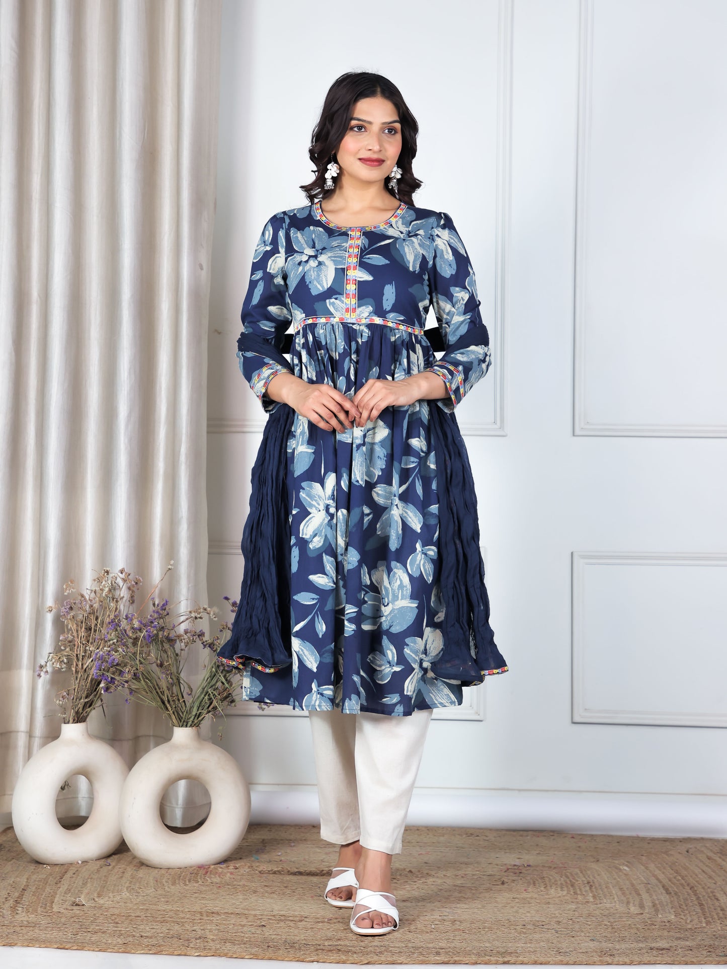 Embroidered Soft Cotton Floral Anarkali Blue Kurta