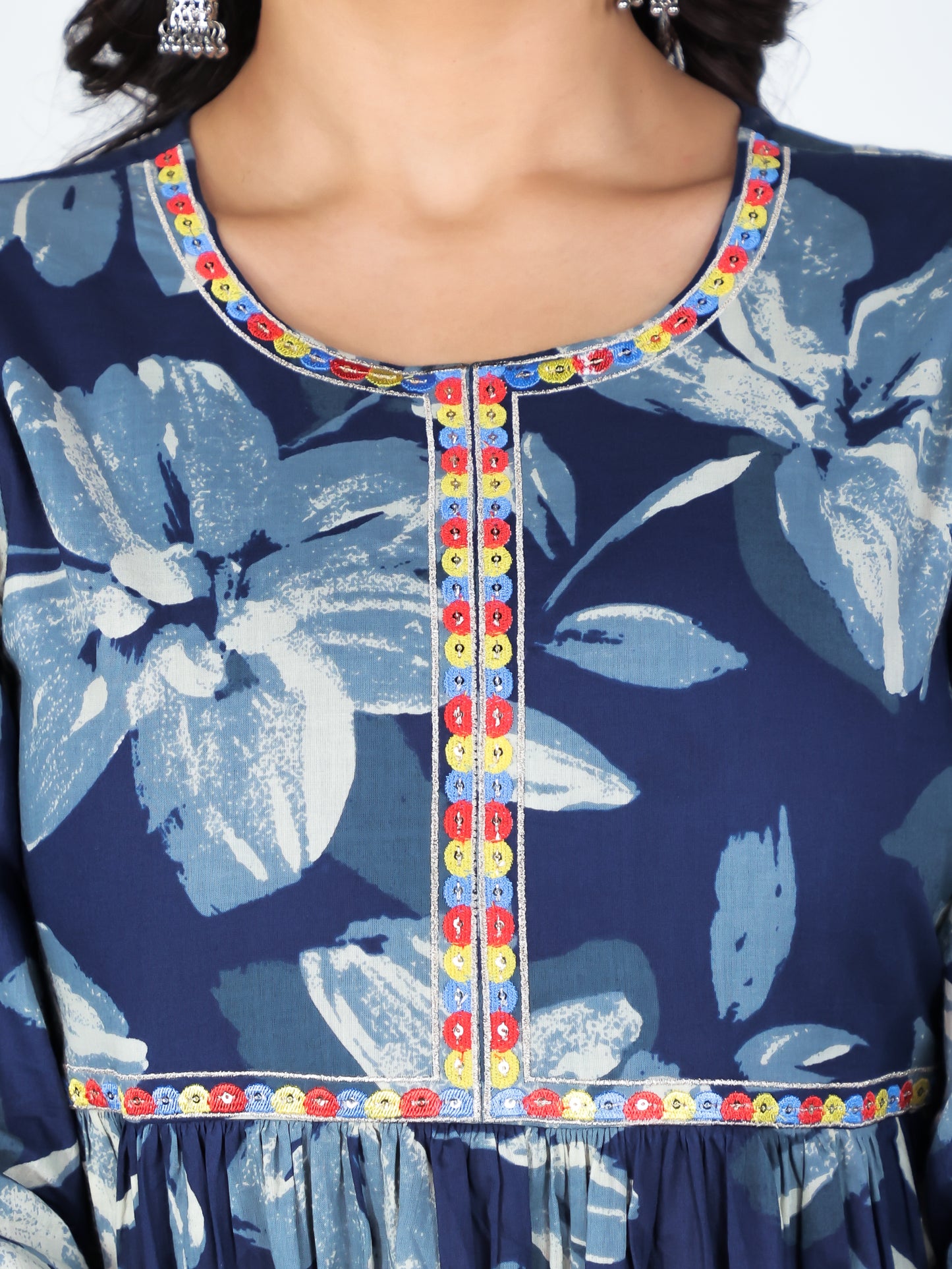 Embroidered Soft Cotton Floral Anarkali Blue Kurta