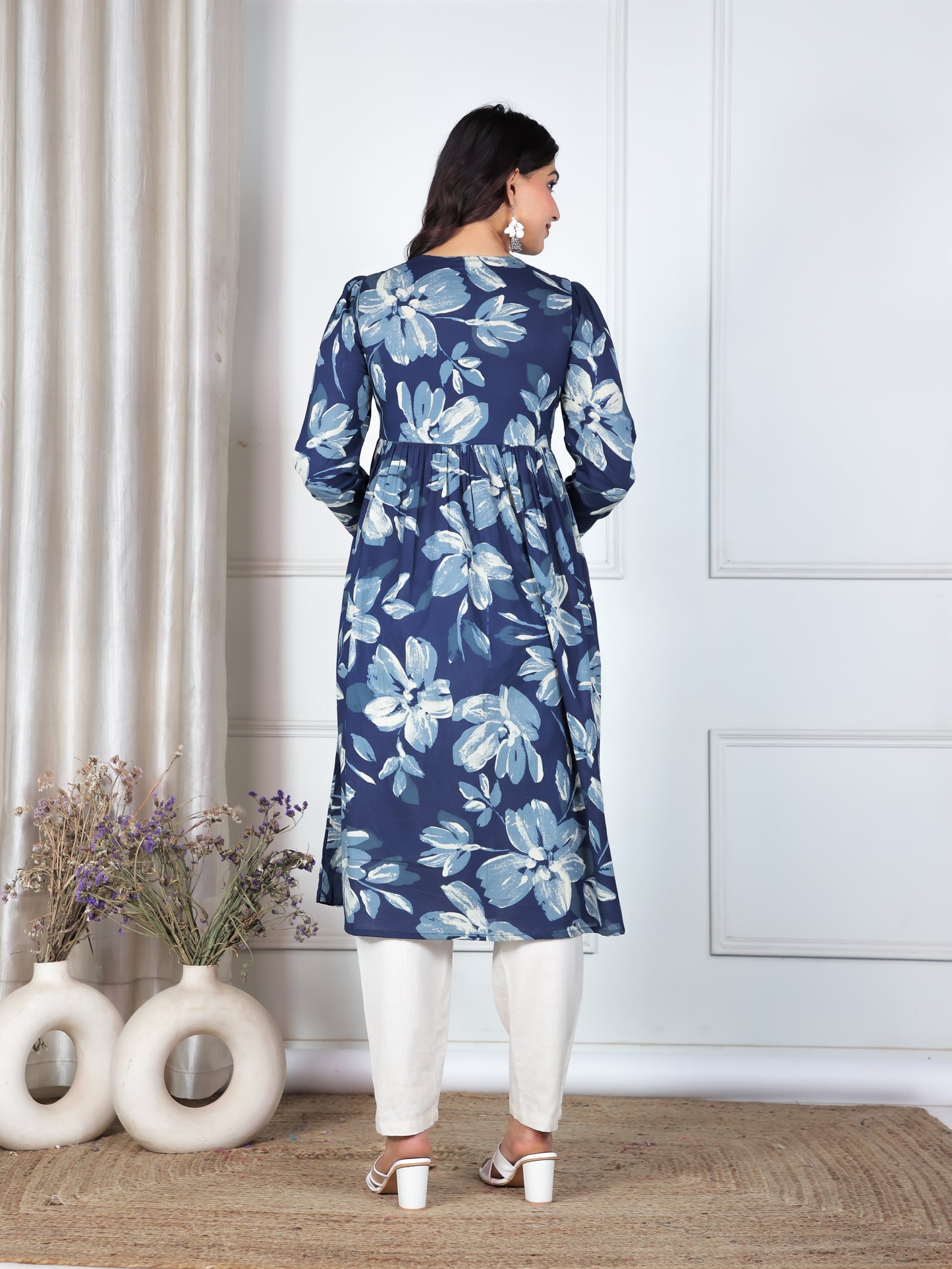 Embroidered Soft Cotton Floral Anarkali Blue Kurta