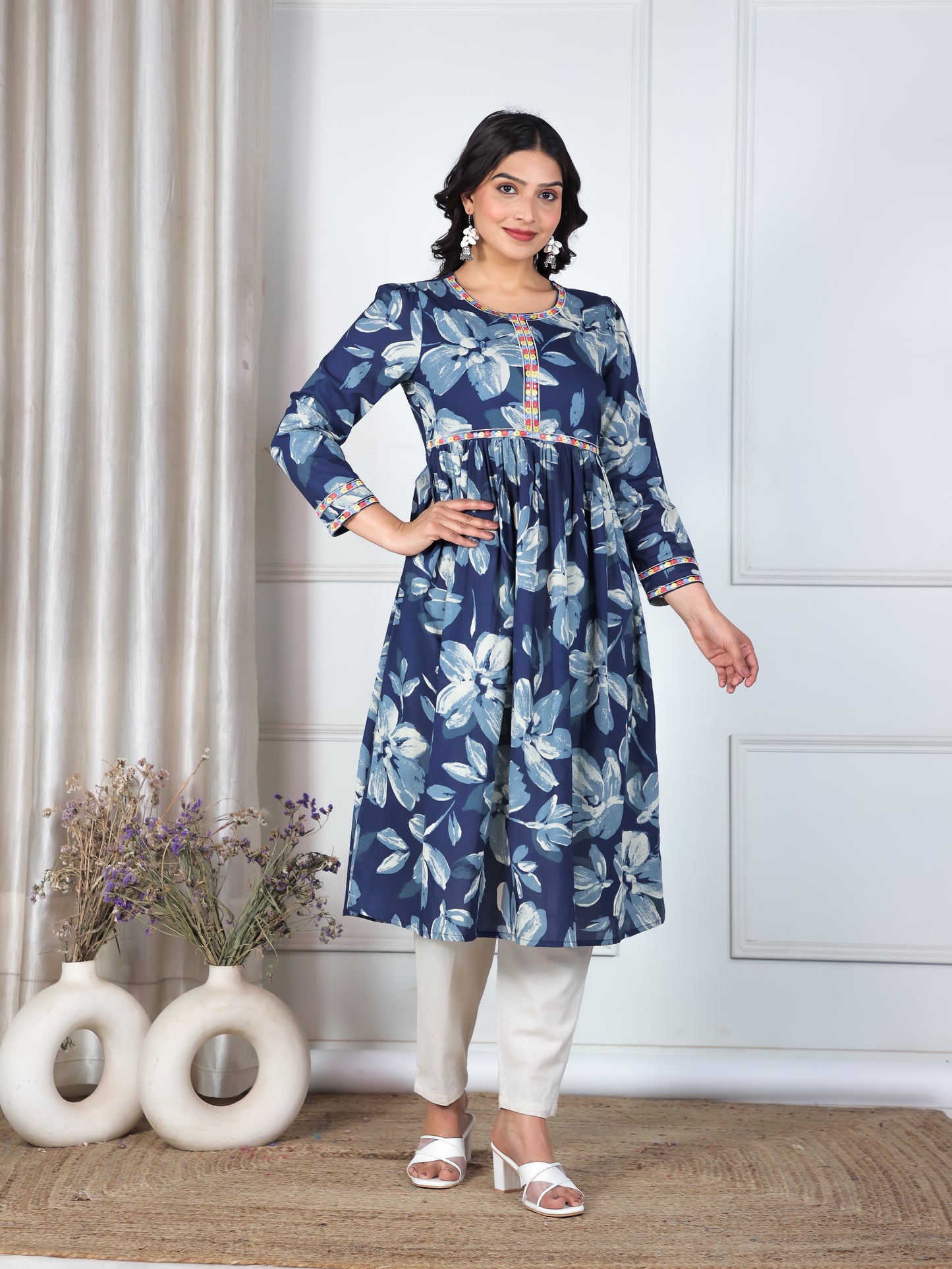 Embroidered Soft Cotton Floral Anarkali Blue Kurta