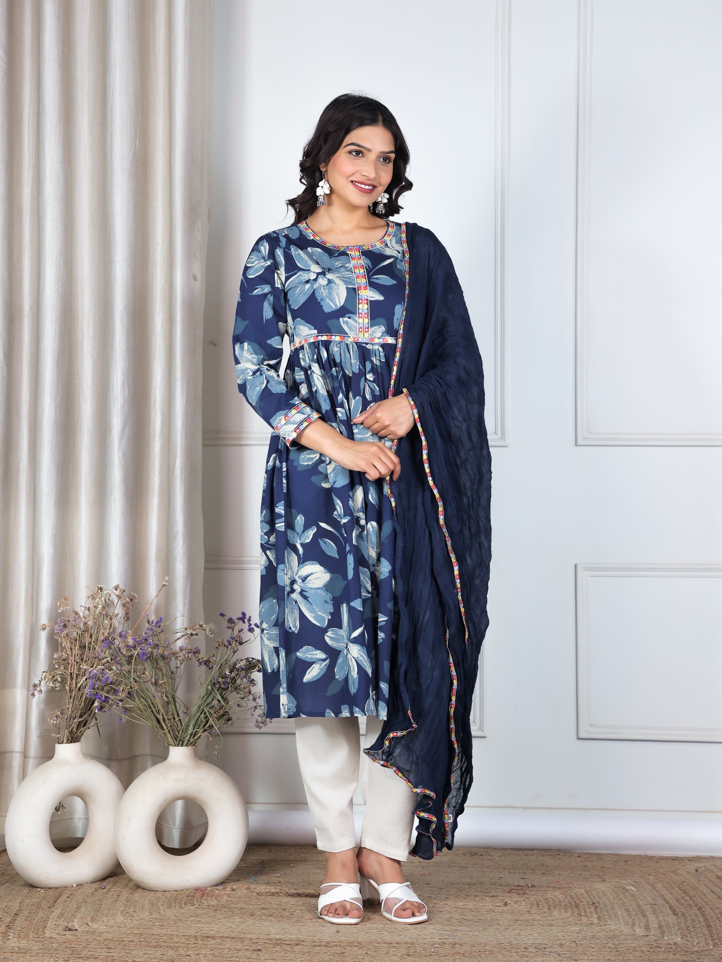 Embroidered Soft Cotton Floral Anarkali Blue Kurta