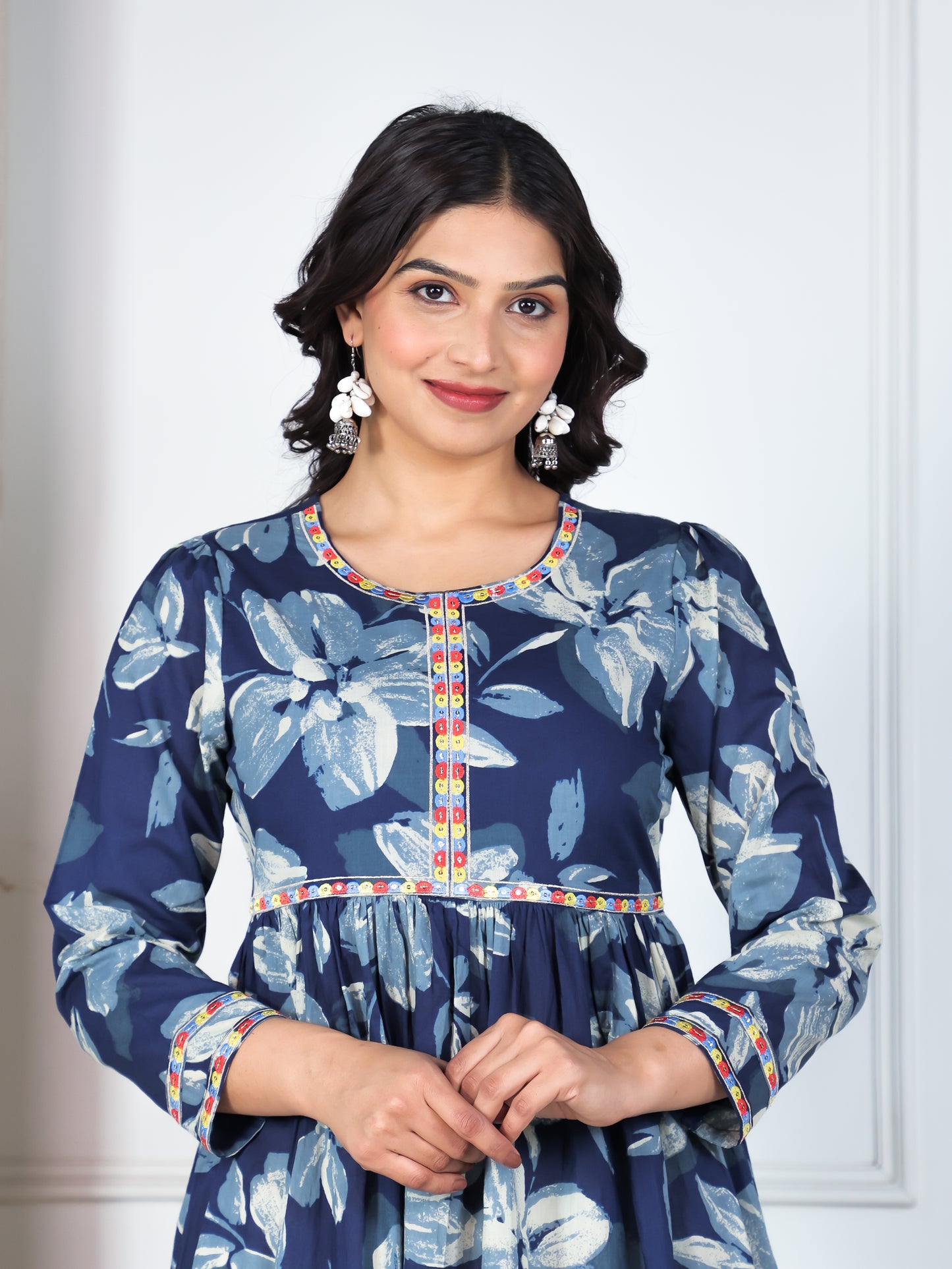 Embroidered Soft Cotton Floral Anarkali Blue Kurta