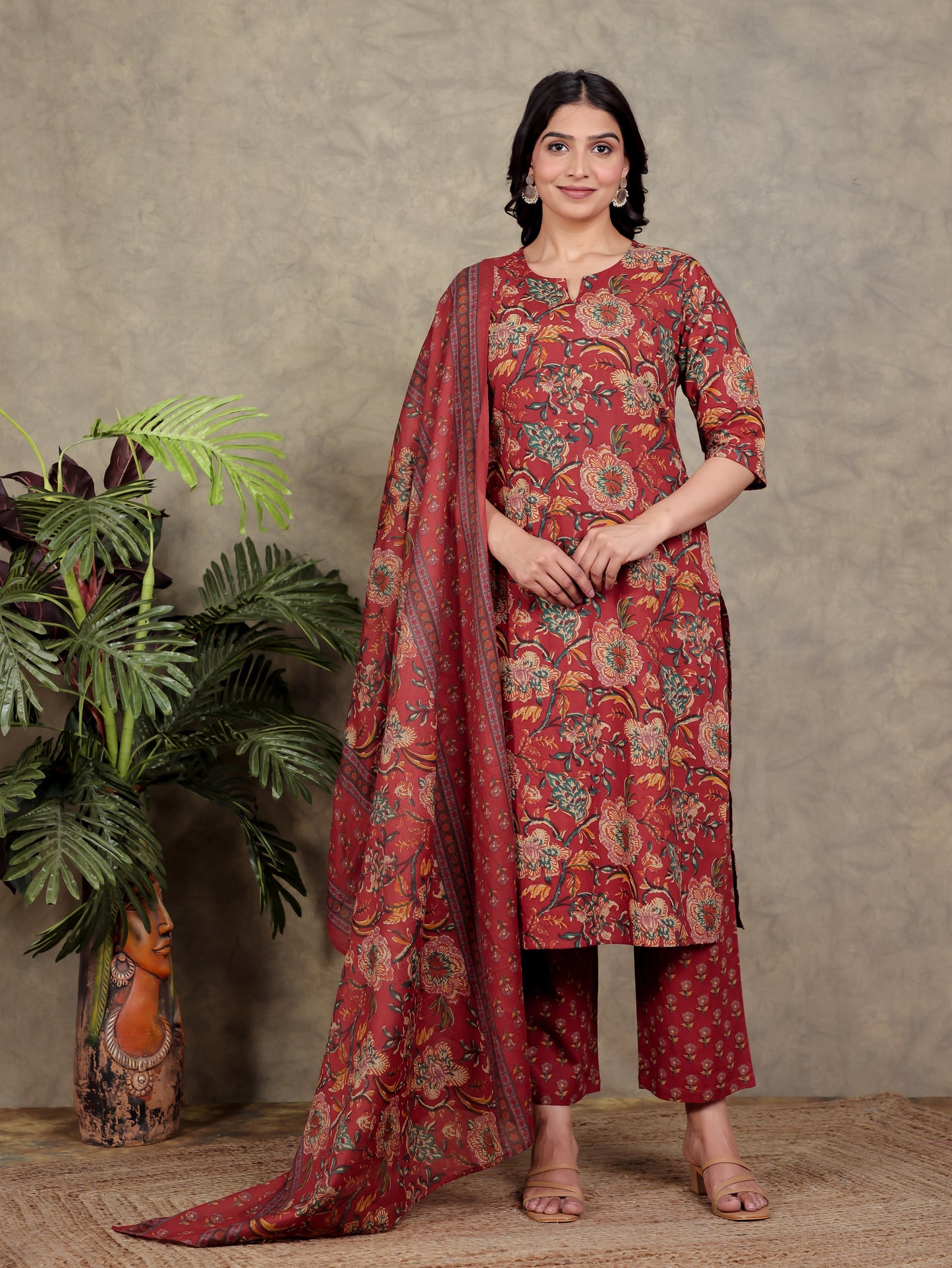 Soft Cotton Floral Straight Red Kurta