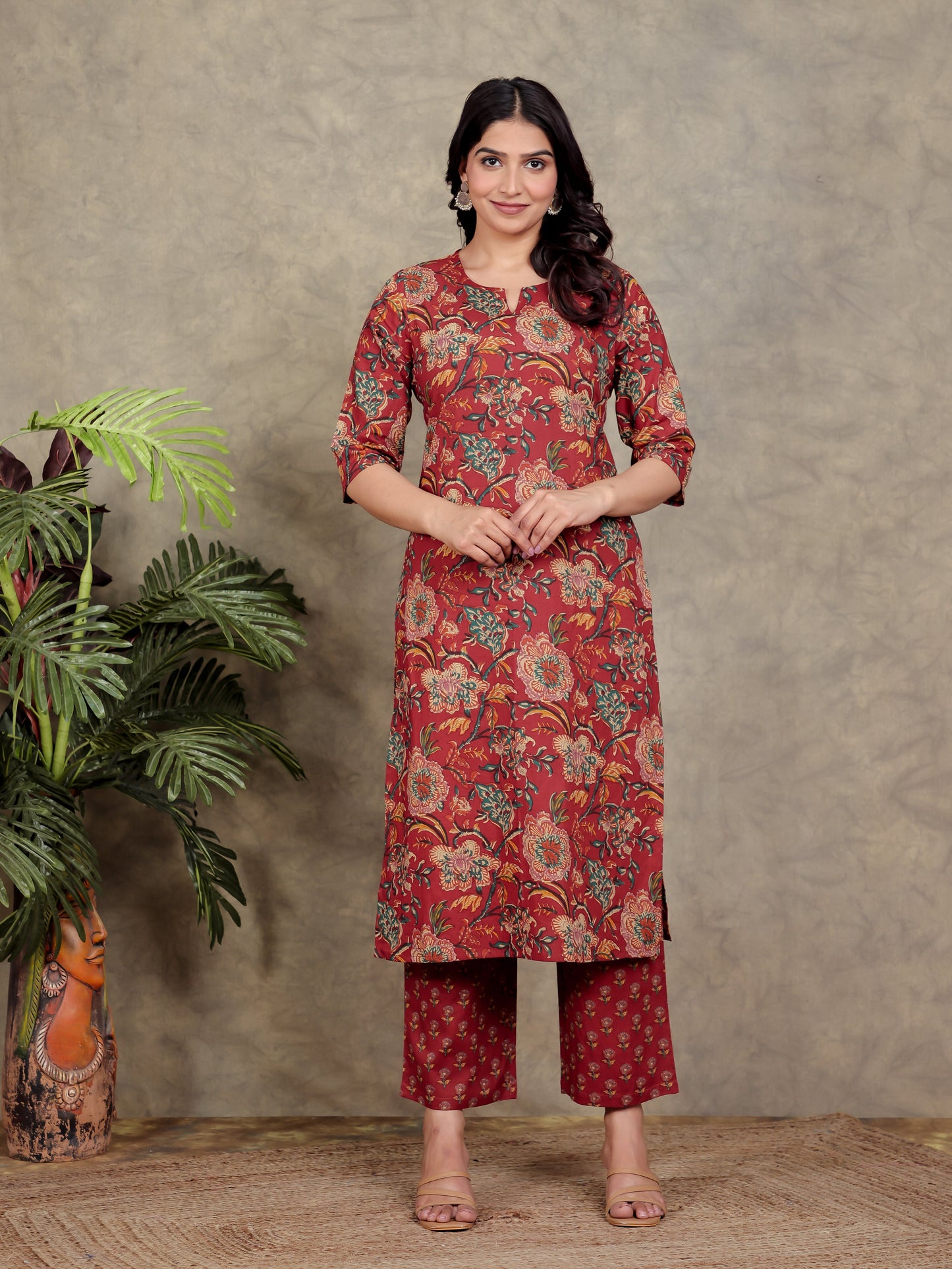 Soft Cotton Floral Straight Red Kurta