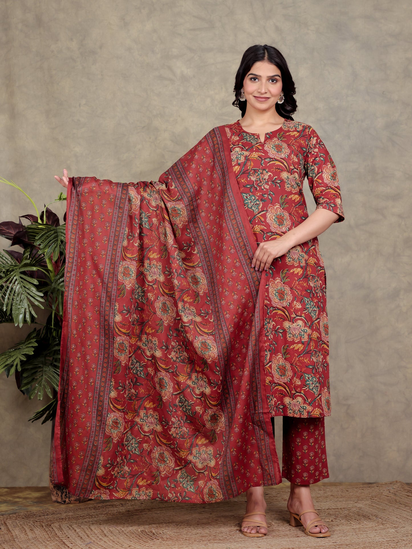Soft Cotton Floral Straight Red Kurta