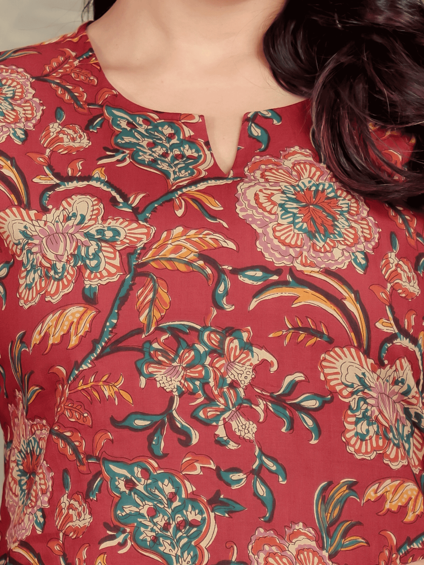 Soft Cotton Floral Straight Red Kurta