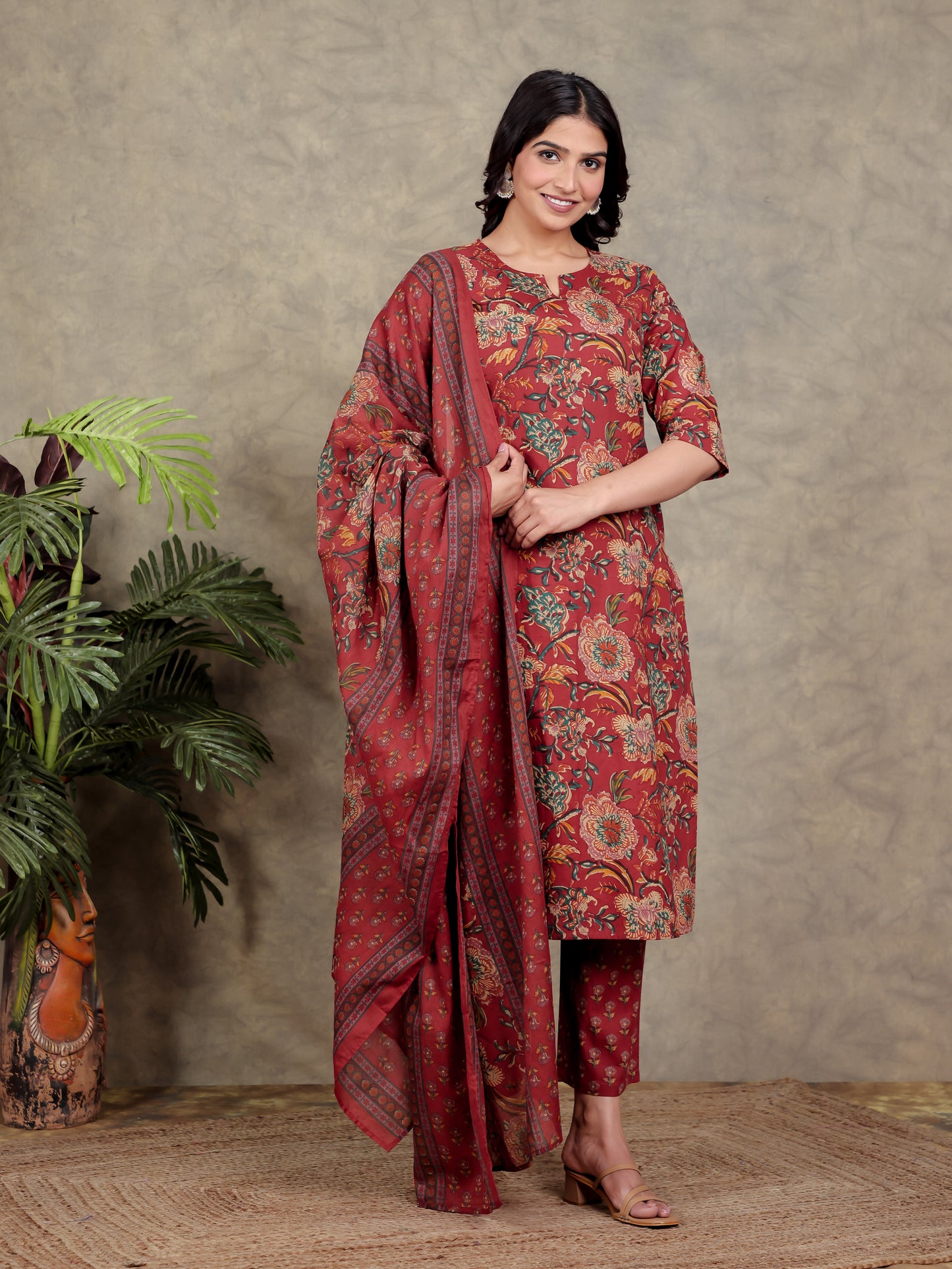 Soft Cotton Floral Straight Red Kurta