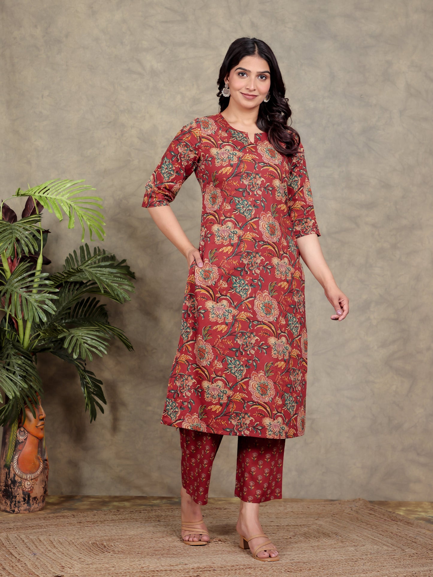 Soft Cotton Floral Straight Red Kurta