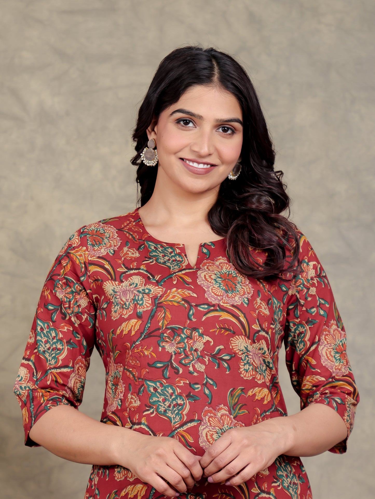 Soft Cotton Floral Straight Red Kurta