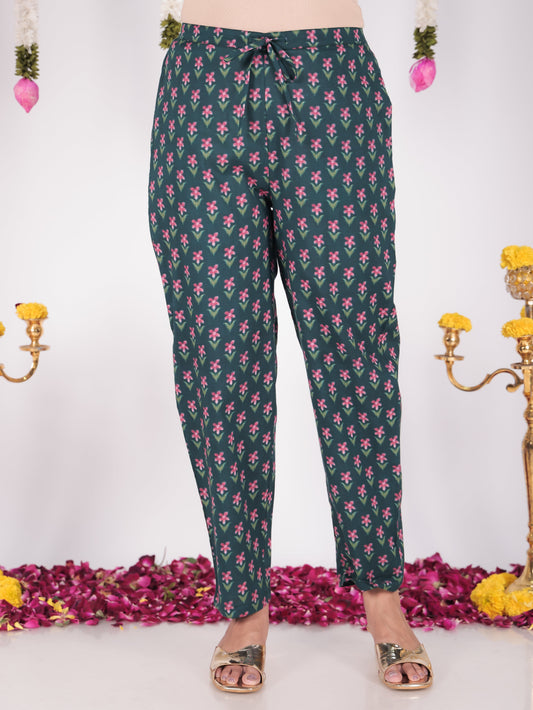 Soft Cotton Floral Green Tapered Trousers