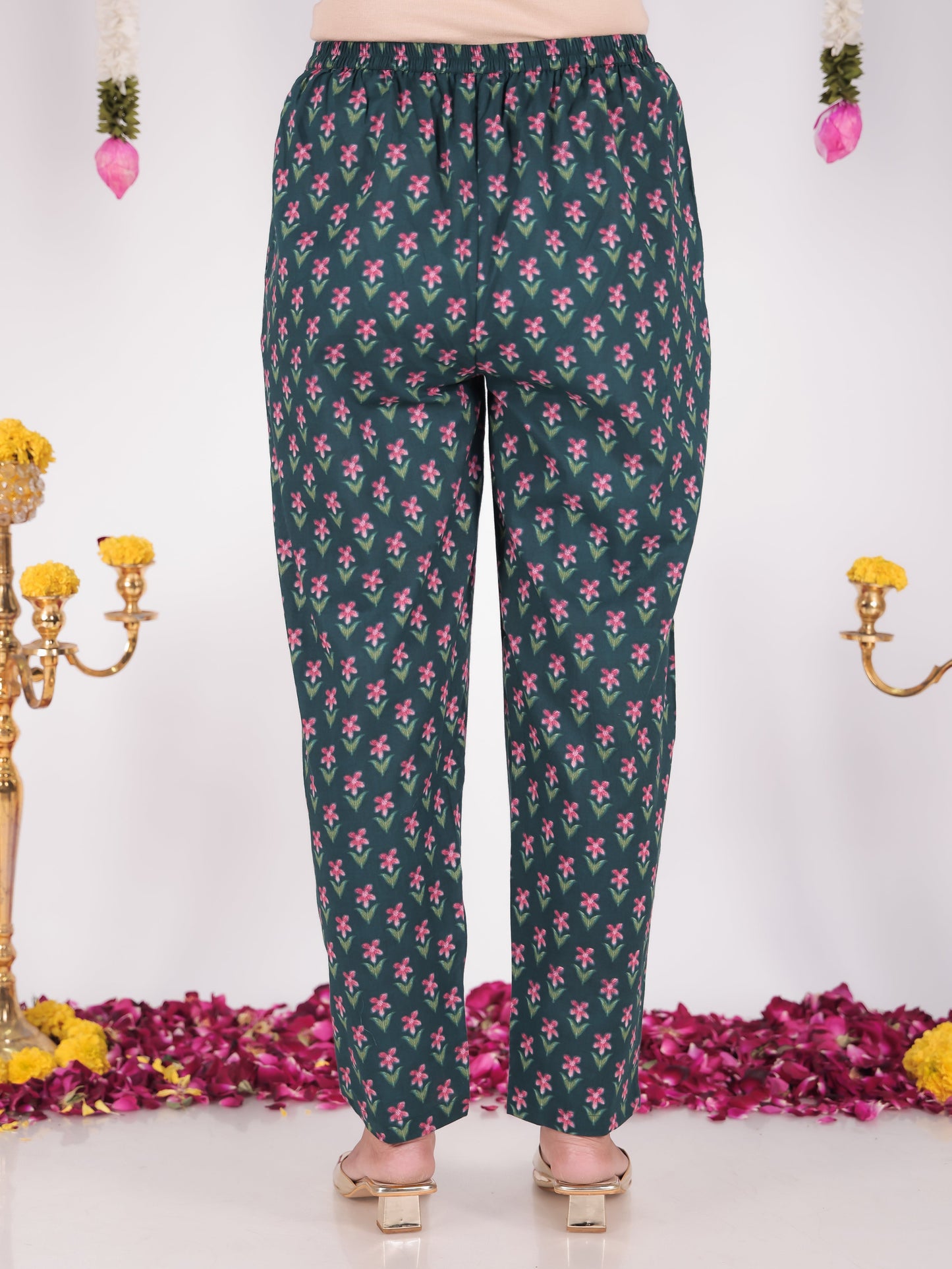 Soft Cotton Floral Green Tapered Trousers