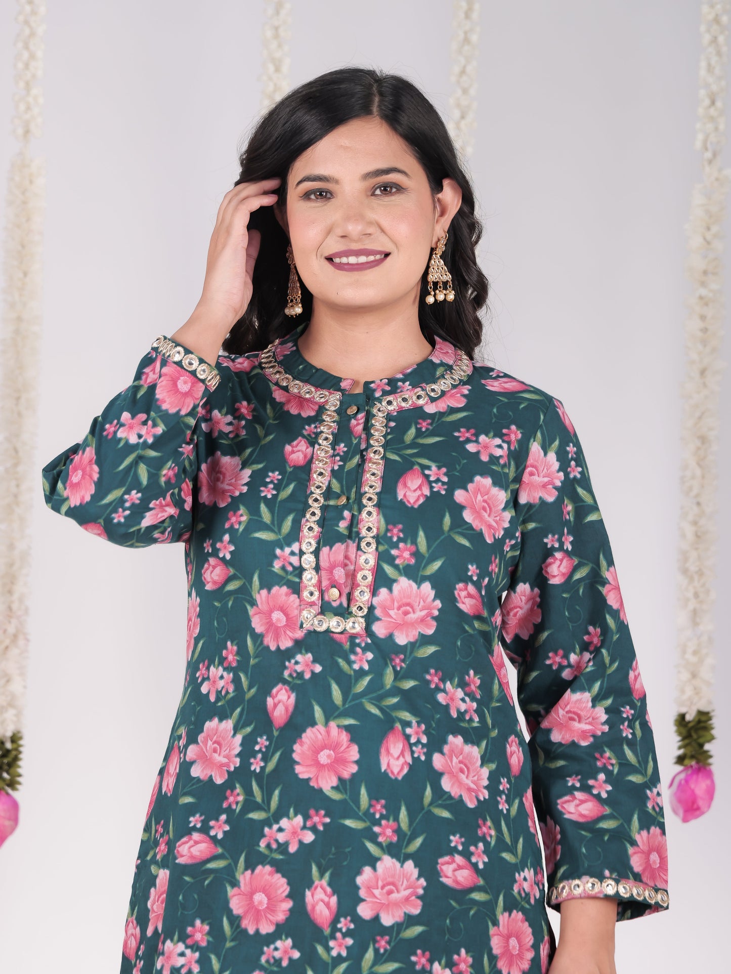 Embroidered Soft Cotton Floral Straight Green Kurta