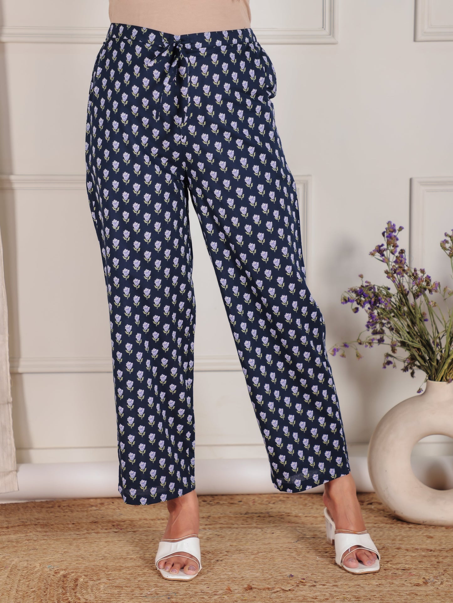 Soft Cotton Floral Blue Straight Trousers