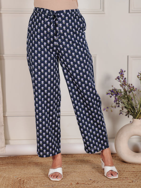 Soft Cotton Floral Blue Straight Trousers