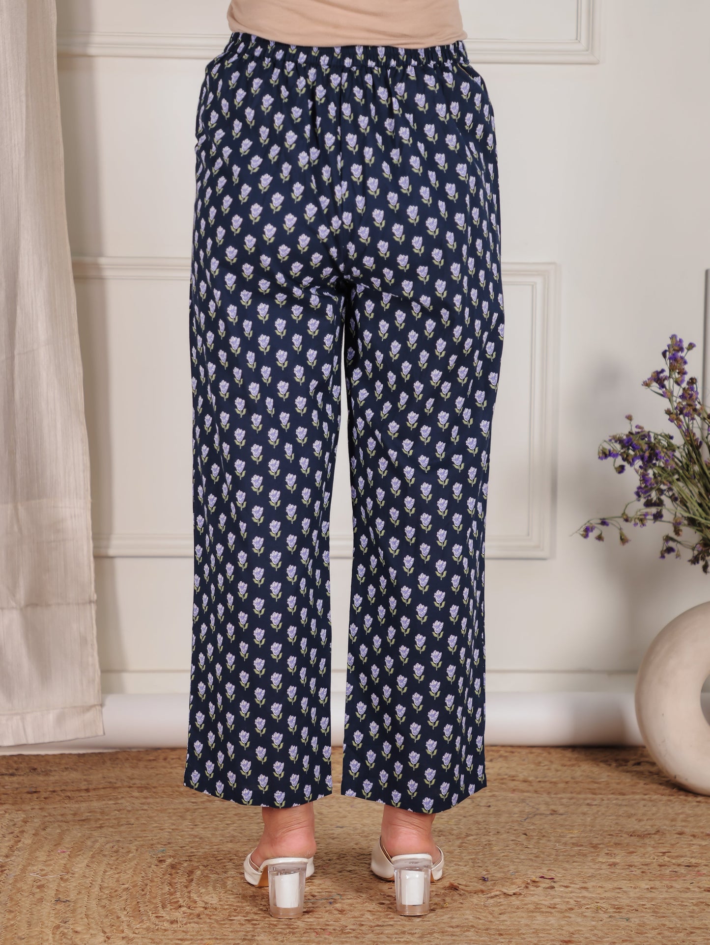 Soft Cotton Floral Blue Straight Trousers